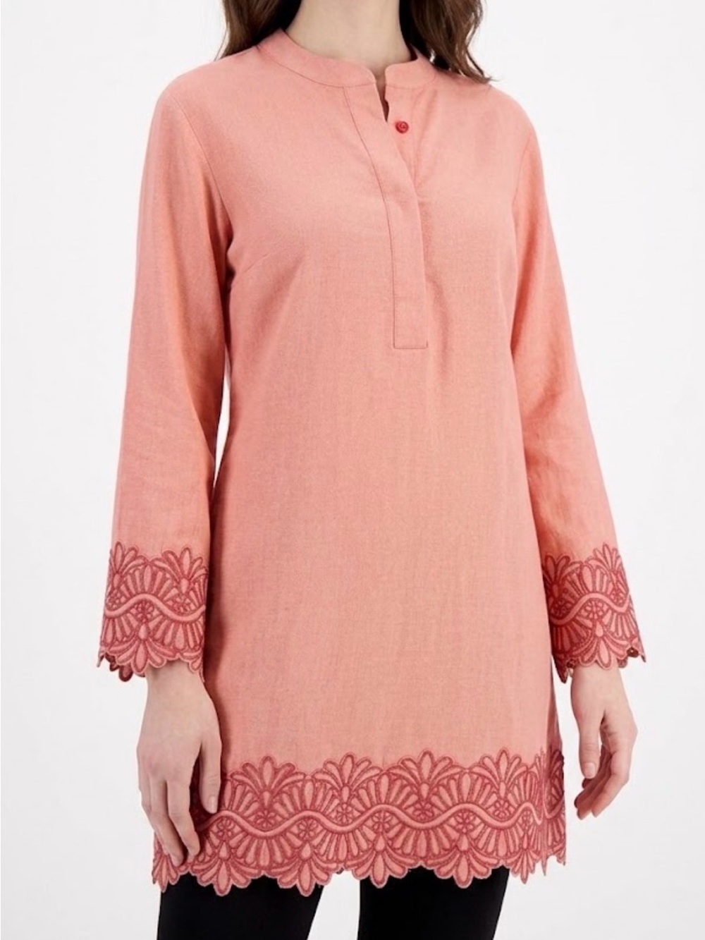 Anne Klein LINEN Blend Coral Long Flared Sleeve Tunic / Dress Lace Embroidery